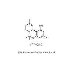 (-)-Δ9 -trans-tetrahydrocannabiorcol, Δ9-THCO-C1 skeletal structure diagram.Cannabinoid compound molecule scientific illustration on white background.