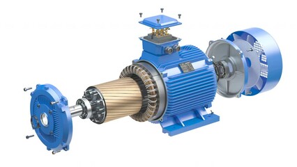 Electric motor parts and structure in a motion isolated on white background. 3d animation