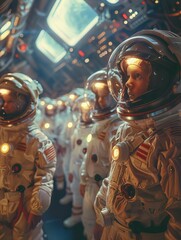Obraz premium Grand and powerful, tiny astronaut, angled view, group of children, zerogravity training, diverse, space station interior with futuristic equipment, astronaut suits and helmets, late summer