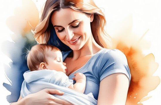 young beautiful woman holding newborn on her hands. mother hugging baby. motherhood concept.