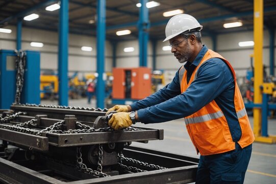 Side view mid section of a middle aged mixed race male factory worker moving machine parts on a trolley and operating a lifting chain in a loading area in a warehouse at a processing plant
