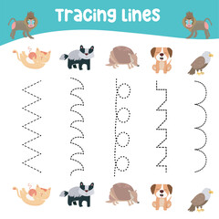 Tracing lines activity for children. Tracing worksheet for kids. Educational printable worksheet. Printable activity page for kids. Learning Game. Vector file.