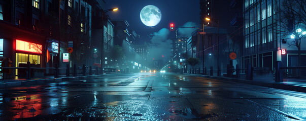Empty urban street at night with lights, beautiful city, panoramic view, generated ai
