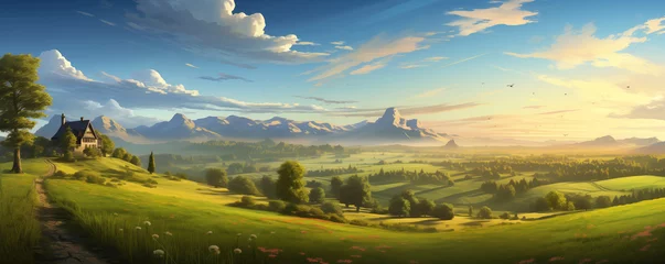 Poster Beautiful rural landscape with vast plains, hills, mountains and blue sky, panoramic view, generated ai  © emilio100