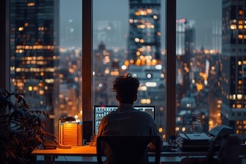 Image of a person working in the office until late at night.