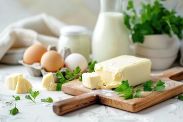 Fresh block of butter on a wooden cutting board, complemented by parsley, eggs, and cooking utensils, depicting home baking.