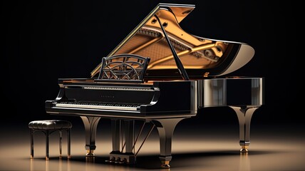 Luxurious grand piano standing on a stage in a big concert hall. Perfect black glossy paint shines...