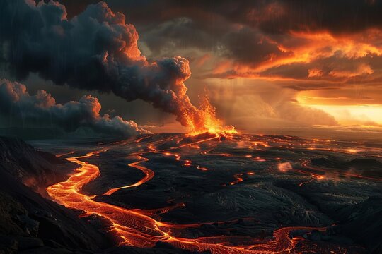 A dramatic volcanic landscape with rivers of lava and billowing smoke under a dark, stormy sky, capturing the intense and foreboding atmosphere of hell