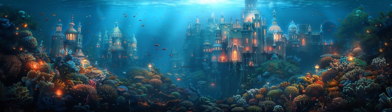 A magical underwater kingdom with mermaids and underwater castles
