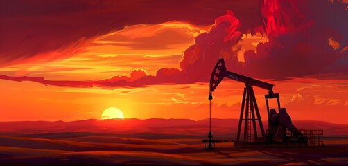 Oil rig silhouette against a fiery sunset sky. Energy industry at work. Bold colors in a natural landscape. Vibrant sunset in an oil field. AI - obrazy, fototapety, plakaty