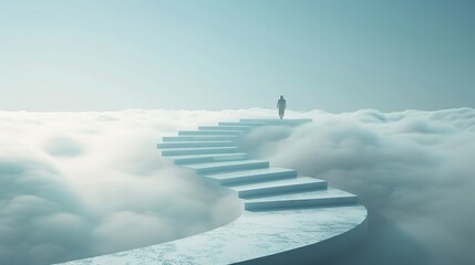 A person takes steps on a staircase that leads through the clouds towards a bright and mystical destination - obrazy, fototapety, plakaty