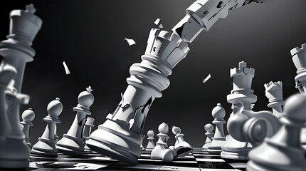 Broken Pieces of chess Aggressive Chess Game White Queen Attack in the centre of image, wide perspective, broke