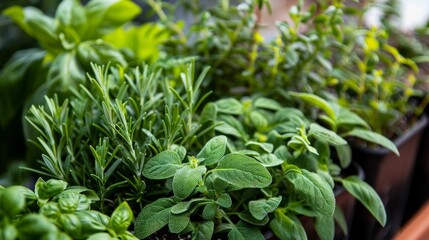 Closeup of a lush herb planter showcasing an assortment of fragrant rosemary thyme and basil ready to be plucked and used in the rooftop restaurants dishes. .