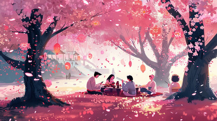 A jubilant Cherry Blossom Festival picnic under blooming sakura trees.
