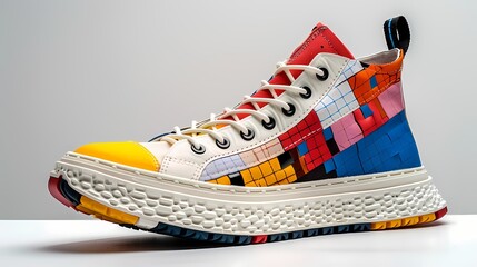 A vibrant and playful shoe mockup in a multi-colored pattern, positioned on a solid white background, showcasing its unique and whimsical design, all captured in HD to showcase its youthful and cre