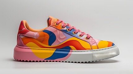 A vibrant and playful shoe mockup in a multi-colored pattern, positioned on a solid white background, showcasing its unique and whimsical design, all captured in HD to showcase its youthful and creat