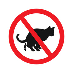 No Cat Pooping with Cat Pooping silhouette, cat and excrement. Information red circular sign for cat owners