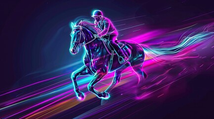 A man on horseback gallops through the night, illuminated by a kaleidoscope of neon lights that trace their swift, graceful movement