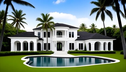 A pristine white house nestled amidst lush green palm trees, accented with sleek black trimmings that add a touch of sophistication against the tropical backdrop.