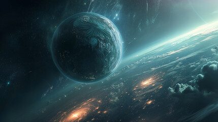 Fototapeta premium A planet with a large blue moon and a city in the sky