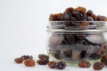 Raisins close-up in a simple glass jar. White background