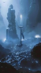 A fantasy scene featuring a magical sword stuck in a stone, surrounded by mystical lights and fog, invoking legends like King Arthur s Excalibur - obrazy, fototapety, plakaty