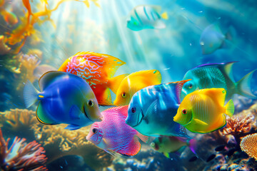 A group of colorful fish swimming in a coral reef