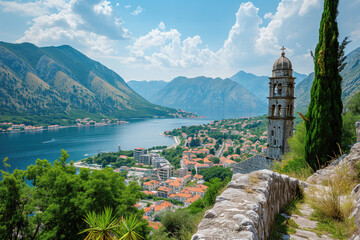 A beautiful mountain landscape with a small town in the distance