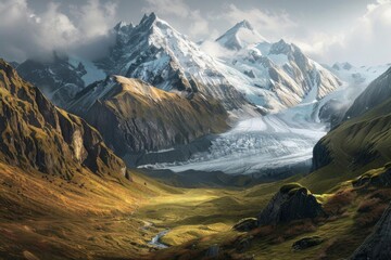 A glacier slowly carving through a mountain valley, captured in a series of images that showcase the majestic and gradual change in the landscape over decades - obrazy, fototapety, plakaty
