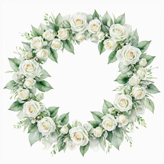 Watercolor White and Green rose roses, rose flower wreath laurel. Decoration for weddings, wedding design, wedding invitation, Mother's day card.