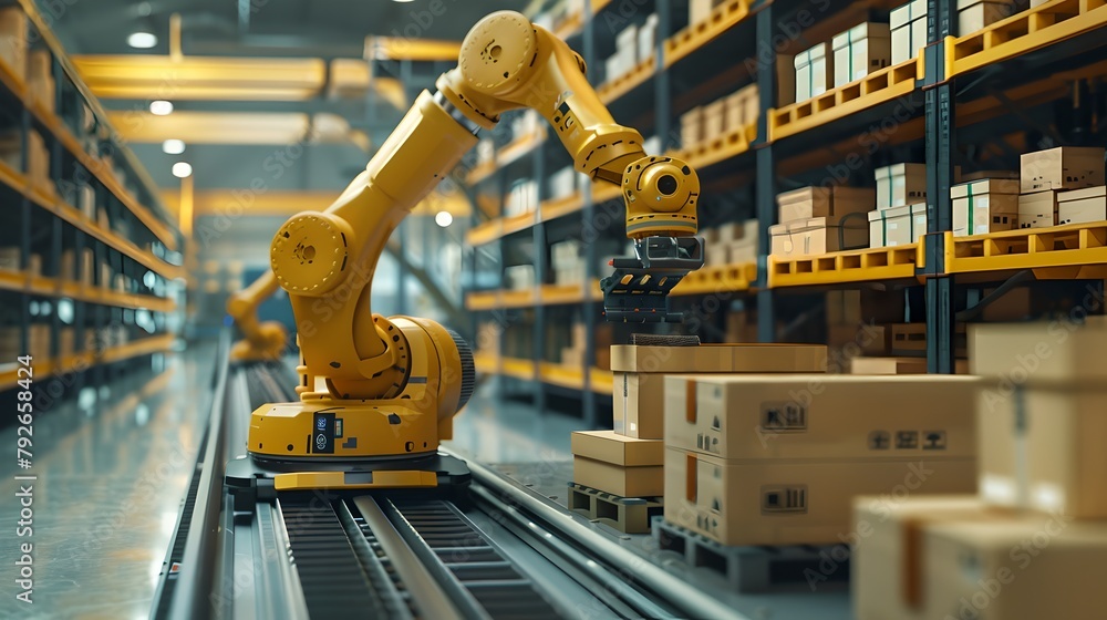 Poster automated warehouse robot arm in action, modern logistics tech. industrial machinery for package han