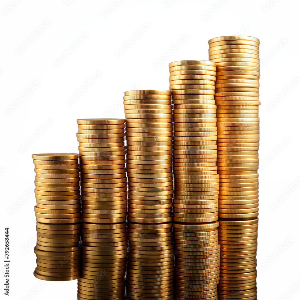 Poster stacks of gold coins increasing in height on transparent background