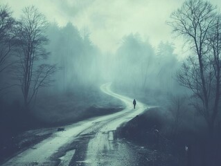 A lone figure stands at the crossroads of a misty forest path, gazing into the distance, symbolizing the concept of destiny and the choices that lead ones journey - obrazy, fototapety, plakaty