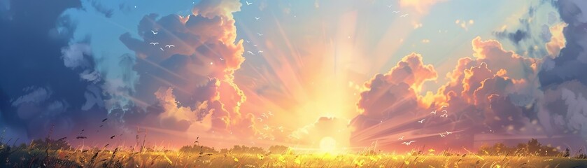 A serene landscape depicting a peaceful meadow under a vibrant sunrise, with light rays piercing through fluffy clouds, symbolizing a heavenly paradise - obrazy, fototapety, plakaty