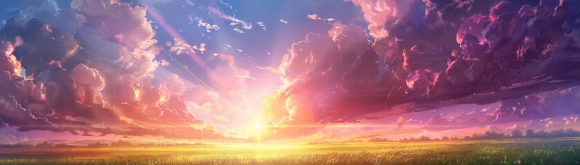 A serene landscape depicting a peaceful meadow under a vibrant sunrise, with light rays piercing through fluffy clouds, symbolizing a heavenly paradise