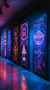 A series of neonlit alien hieroglyphics displayed on a dark wall in an exhibition about extraterrestrial civilizations, sparking curiosity and discussion among viewers about alien languages and cultur