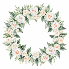 Watercolor white roses, rose flower wreath laurel. Decoration for weddings, wedding design, wedding invitation, Mother's day card.