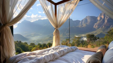 Take in the stunning mountain views from the comfort of your sumptuous fourposter bed. 2d flat cartoon. - obrazy, fototapety, plakaty