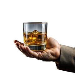 Hand presenting a glass of whiskey with ice on a clear backdrop