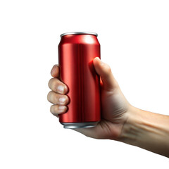 Hand holding a red soda can isolated on transparent background