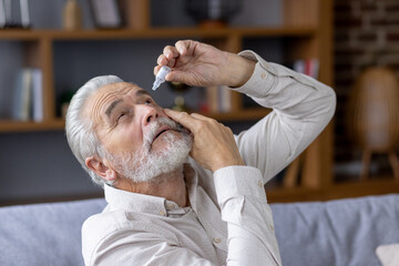 Close-up photo of an older gray-faced man who drips eye drops with medicine for pain and fatigue,...