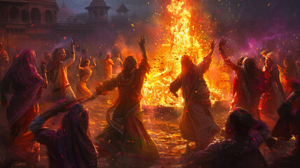 A jubilant Holi bonfire with dancers circling around in celebration.