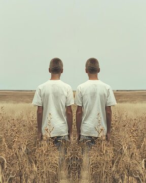 An artistic photo series capturing identical twins in different settings, each photo telling a part of their story in parallel narratives, using visual symmetry and contrast to weave together their in