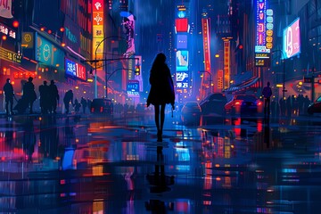A woman, dressed in fashionable attire, strolls down a busy city street at night, illuminated by streetlights. Generative AI