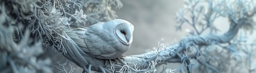 A serene 3D owl, perched and looking wise, with feathers intricately woven from soft gray threads - obrazy, fototapety, plakaty