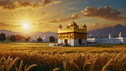 Baisakhi greeting card illustration featuring a wheat field and the Golden Temple Generative AI