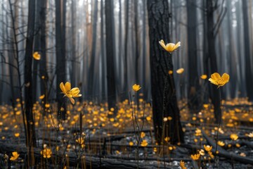Vibrant yellow flowers emerging amid charred trees in a post-wildfire forest landscape