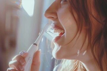 Woman using an electric toothbrush, smiling, enjoying dental care in a sunlit bathroom with a close-up view