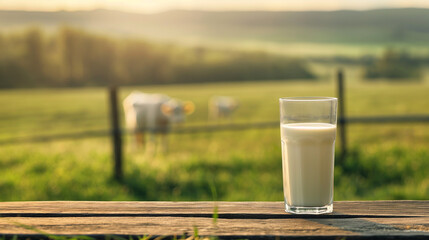 Milk glass on wooden table with field background