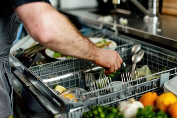 Person loading dishwasher with plates and utensils, highlighting household chores and kitchen cleanliness